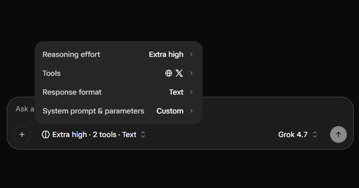 Grok 4.7 selected in the Chat API console with reasoning and tool settings open