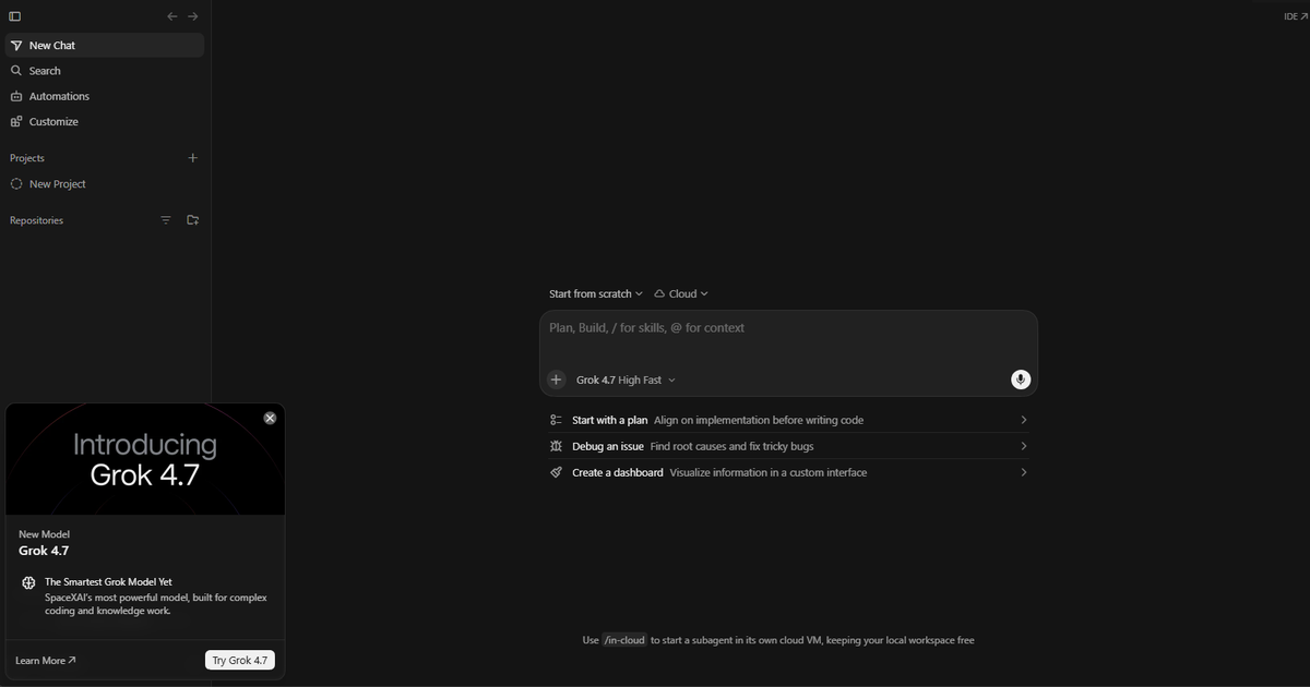 Grok 4.7 selected in Cursor’s desktop interface beside its launch announcement