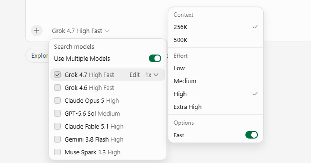 Cursor’s Grok 4.7 model menu with context, effort and Fast settings
