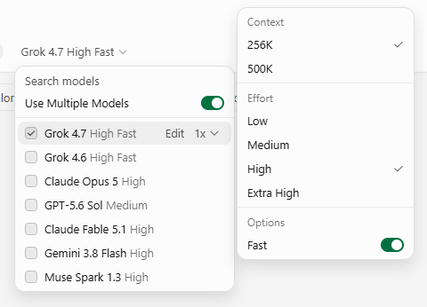 Cursor model selector showing Grok 4.7, 256K and 500K context options, four effort levels and Fast enabled.