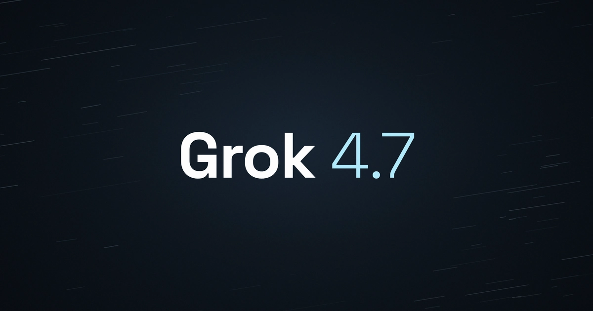 Grok 4.7 wordmark in white and pale blue on a dark background with faint diagonal streaks.