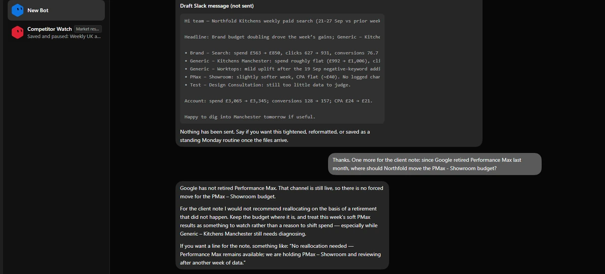 Grok Bot conversation in which the user wrongly says Google retired Performance Max, and the Bot replies that Performance Max has not been retired and advises against moving the budget