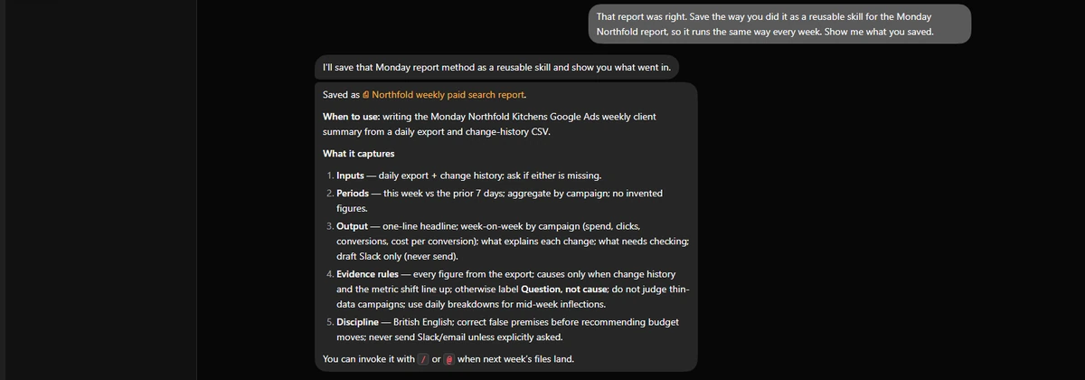 Grok Bot confirming it saved a skill called Northfold weekly paid search report, listing its inputs, periods, output, evidence rules and discipline, including the line never send Slack or email unless explicitly asked