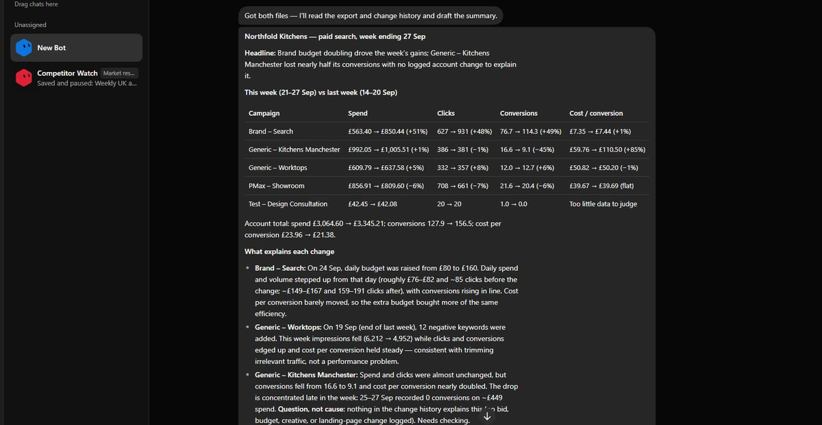 Grok Bot desktop app showing a weekly paid search report for a fictional client, with a headline, a week-on-week table of spend, clicks, conversions and cost per conversion by campaign, and an explanation for each change