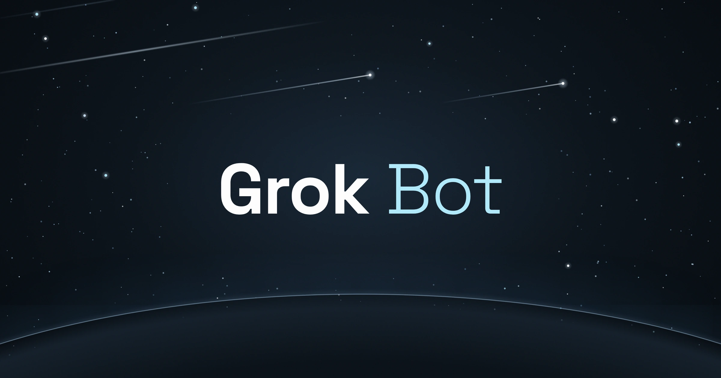 Grok Bot wordmark in white and pale blue above a dark planet horizon, with stars and shooting stars