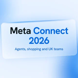 Meta Connect 2026 title card with the line agents, shopping and UK teams on a pale blue background.