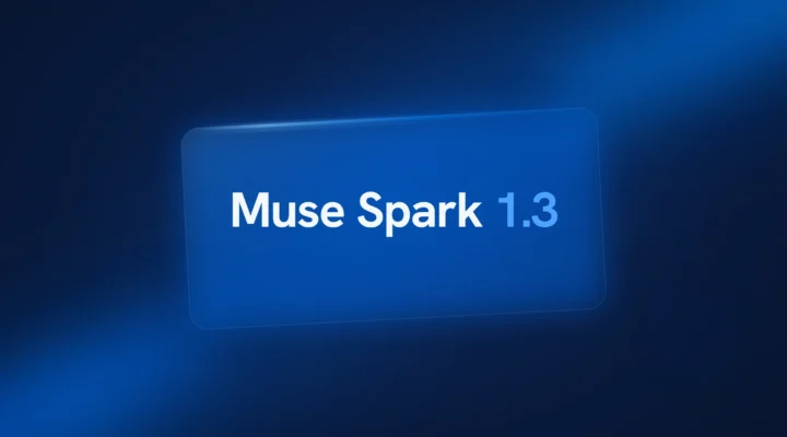 Muse Spark 1.3 in white and blue type on a tilted glass panel over a dark blue background