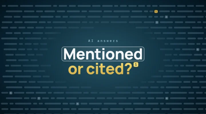 Mentioned, boxed in white, above or cited? in gold, with a gold source marker 1, on navy answer rows