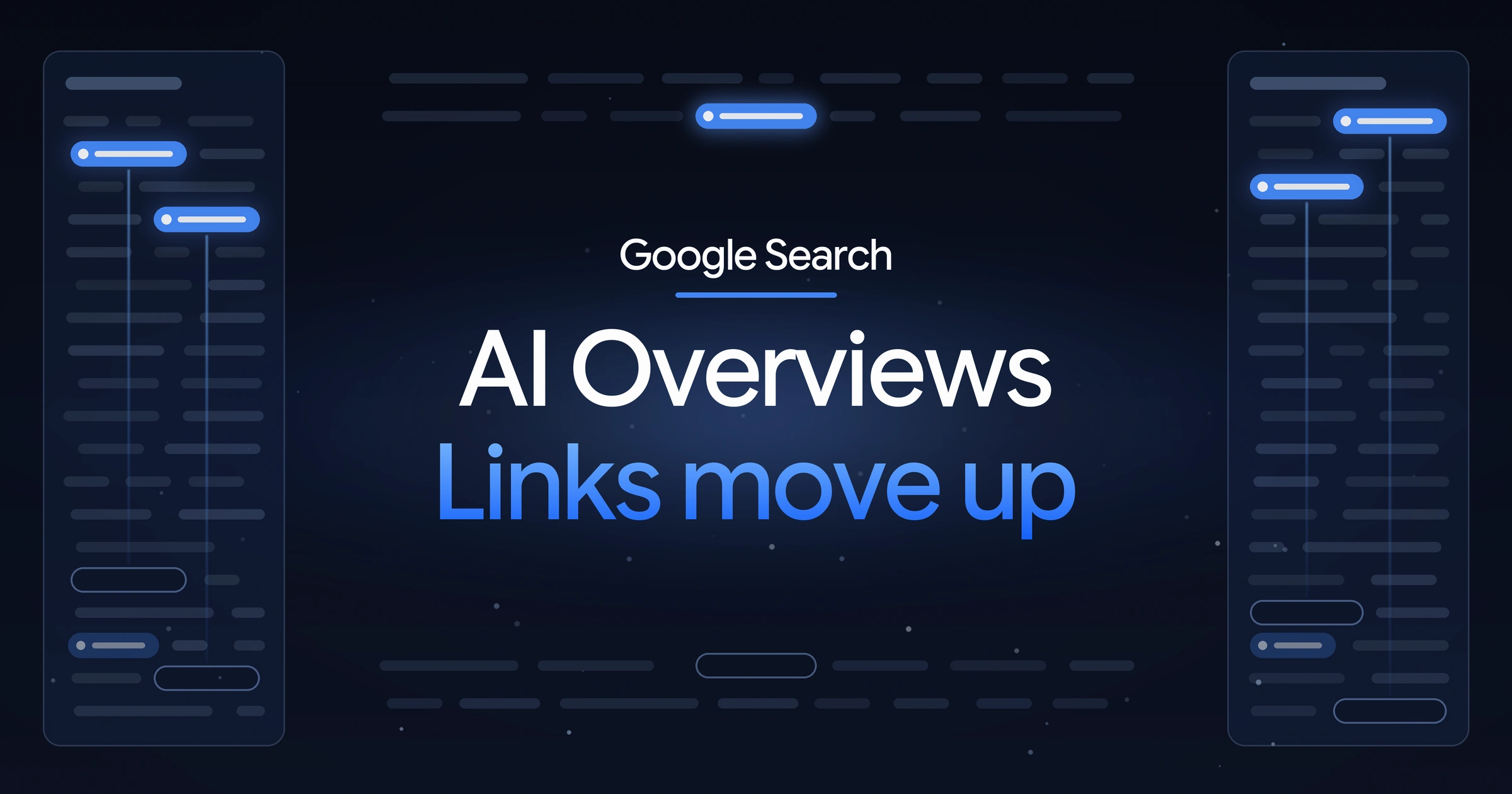 Navy cover reading Google Search, AI Overviews, Links move up, between answer cards with blue links lit near the top