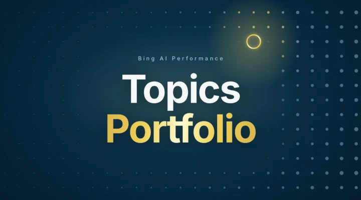 Topics Portfolio in white and gold over a navy dot grid, one gap ringed in gold, labelled Bing AI Performance