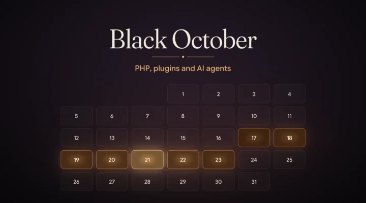 Black October, subtitle PHP, plugins and AI agents, over an October calendar with 17 to 23 lit amber, 21 brightest