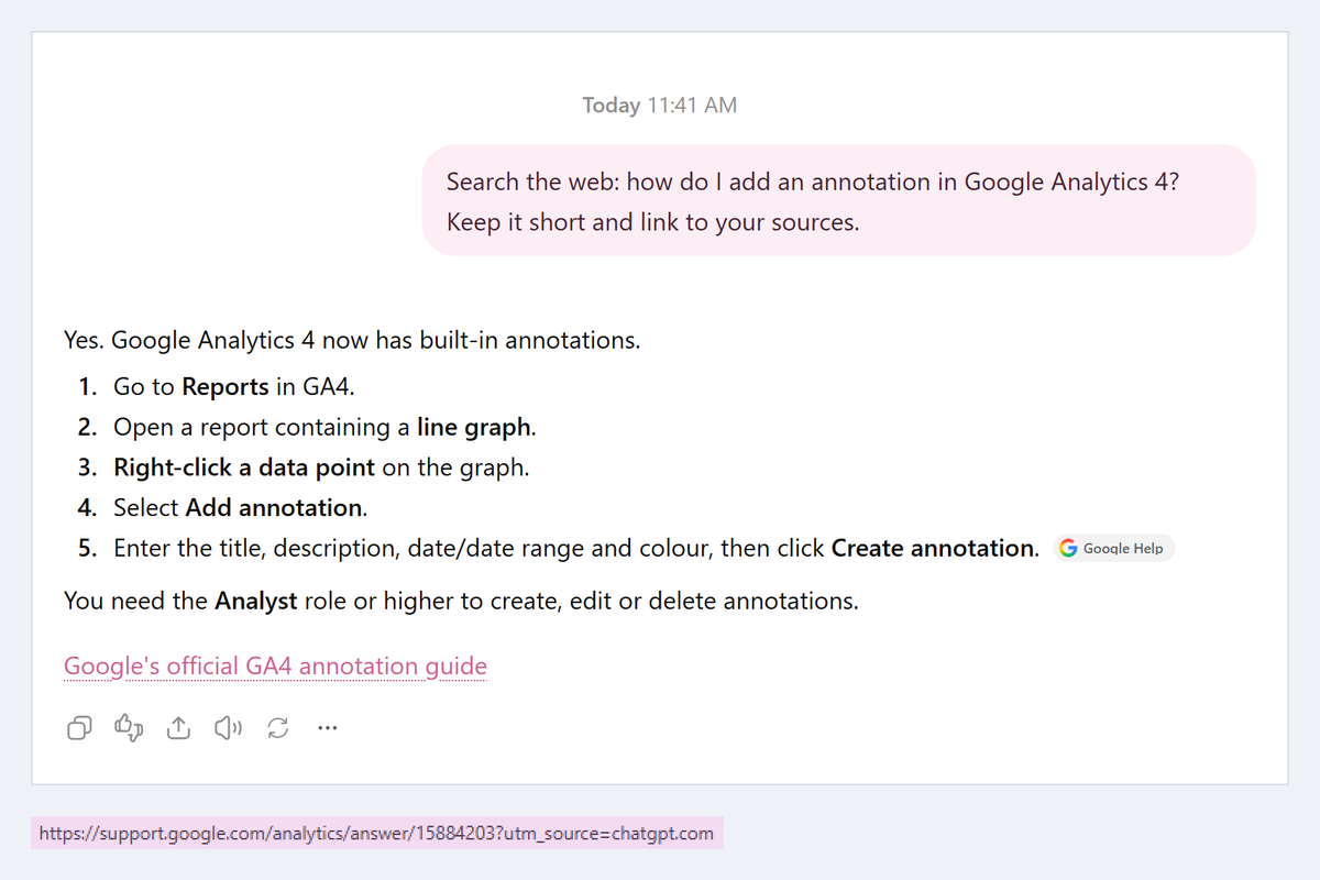 ChatGPT answer on adding a GA4 annotation, with the mouse on its inline link and the browser status bar showing the URL ending utm_source=chatgpt.com