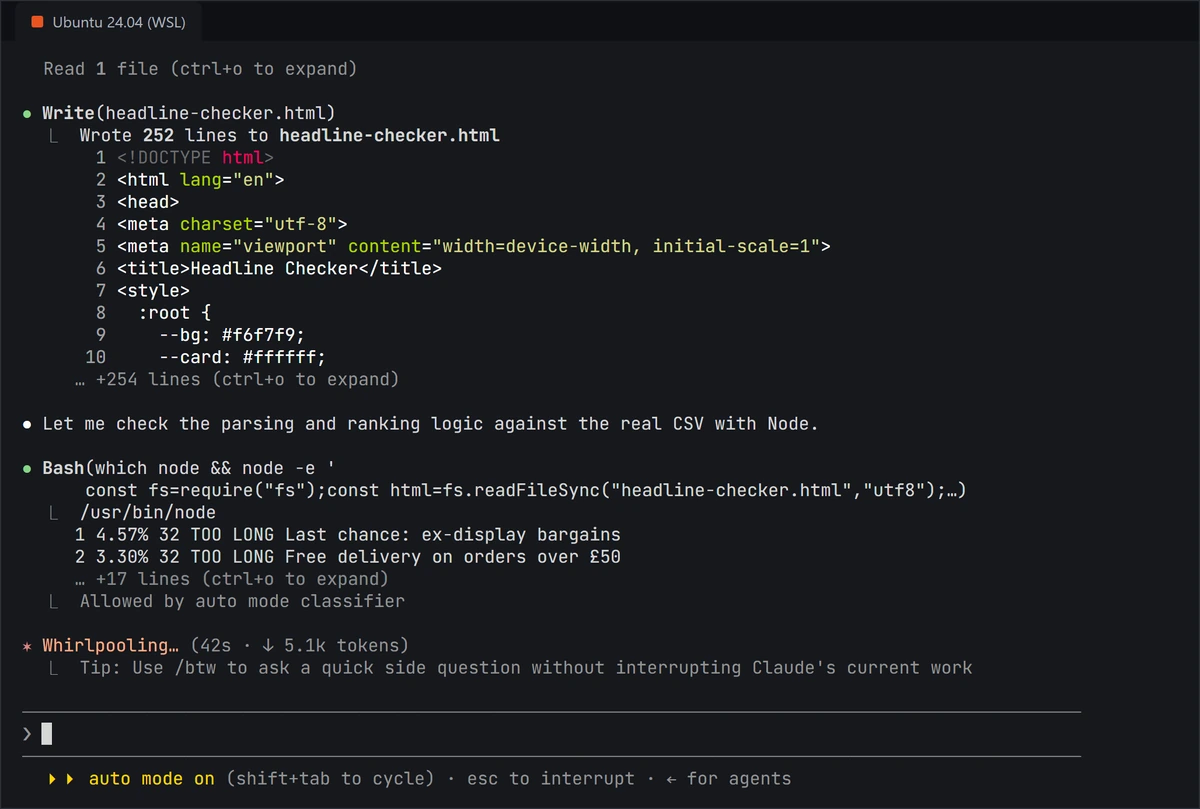 Claude Code in auto mode writing headline-checker.html and running a Node check marked allowed by the classifier