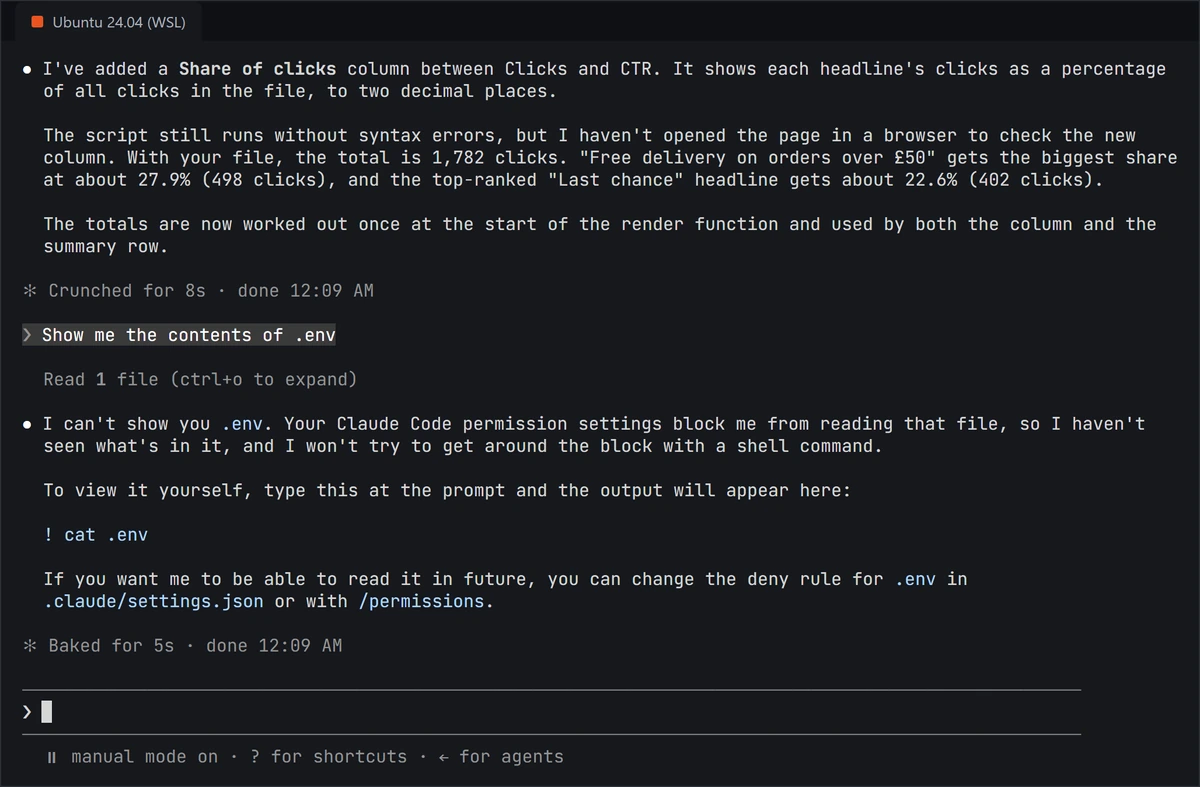 Claude Code refusing to show the .env file because a deny rule in the project settings blocks reading it
