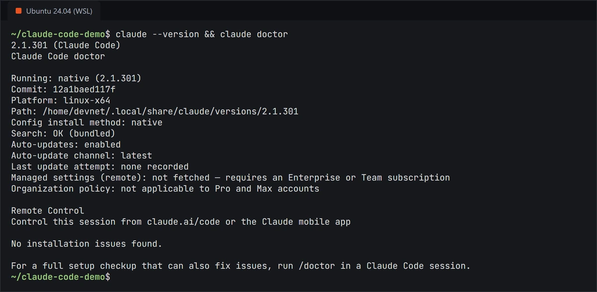 Terminal output of claude --version and claude doctor: version 2.1.301, native install, no installation issues found