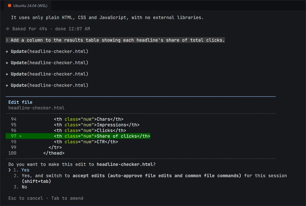 Manual mode prompt showing a one-line diff to headline-checker.html with Yes, Yes and accept edits, and No options