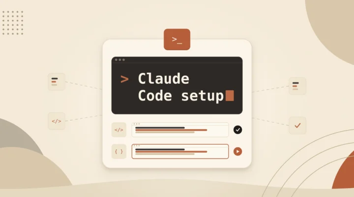 Cream card with Claude Code setup typed at a dark terminal prompt and two task rows running below