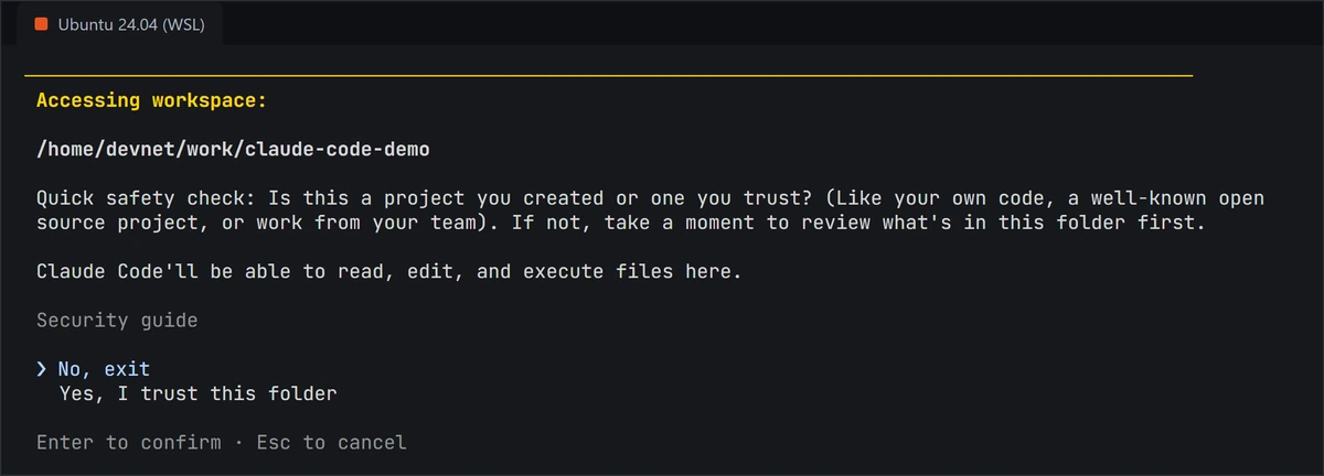 Claude Code folder trust prompt asking whether you trust the folder, with No, exit selected by default