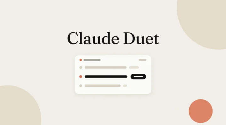 Claude Duet in a dark serif above a pale card with one highlighted row and a dark button, on a warm off-white ground