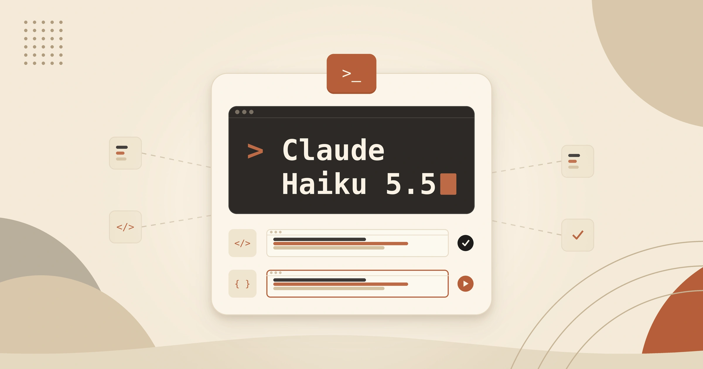 Cream card with Claude Haiku 5.5 typed at a dark terminal prompt and two task rows running below