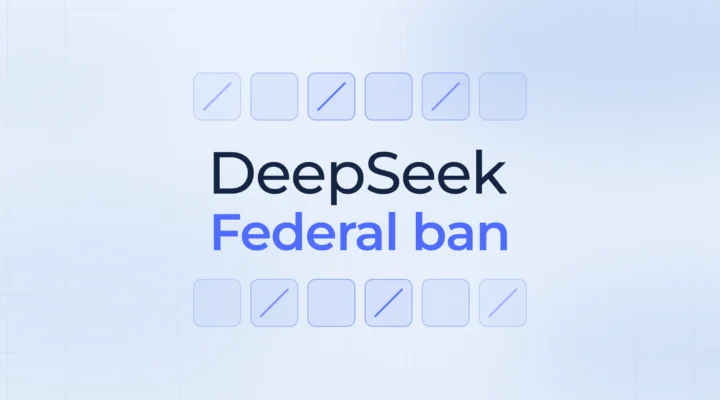DeepSeek and Federal ban in navy and blue on a pale blue mist, between two rows of struck-out grid cells