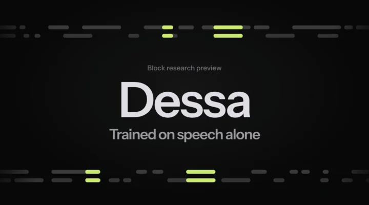 Dessa in pale grey on near-black, between two timelines of speech segments that overlap in lime