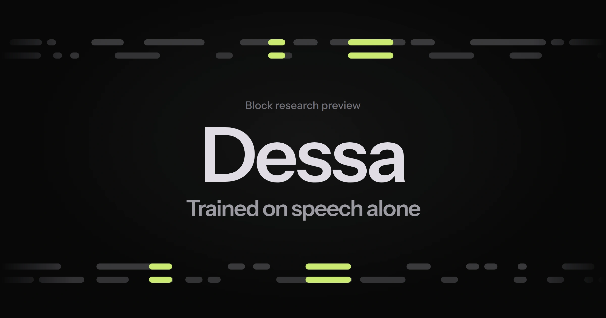 Dessa in pale grey on near-black, between two timelines of speech segments that overlap in lime