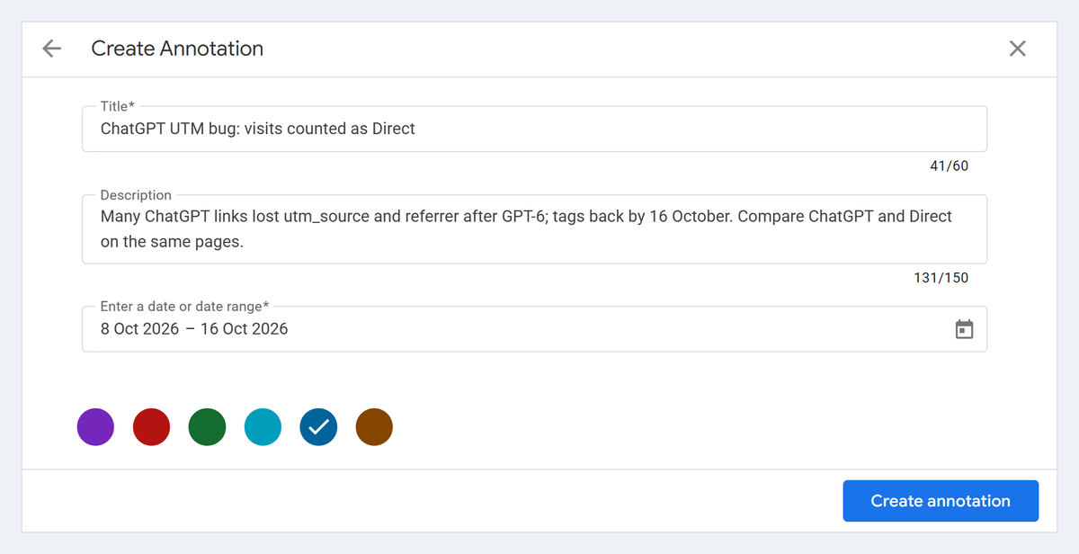 GA4 Create annotation panel titled ChatGPT UTM bug: visits counted as Direct, dated 8 to 16 October 2026, colour blue