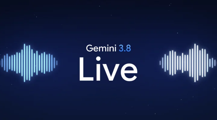 Gemini 3.8 Live in white type on navy, between two glowing blue voice level meters