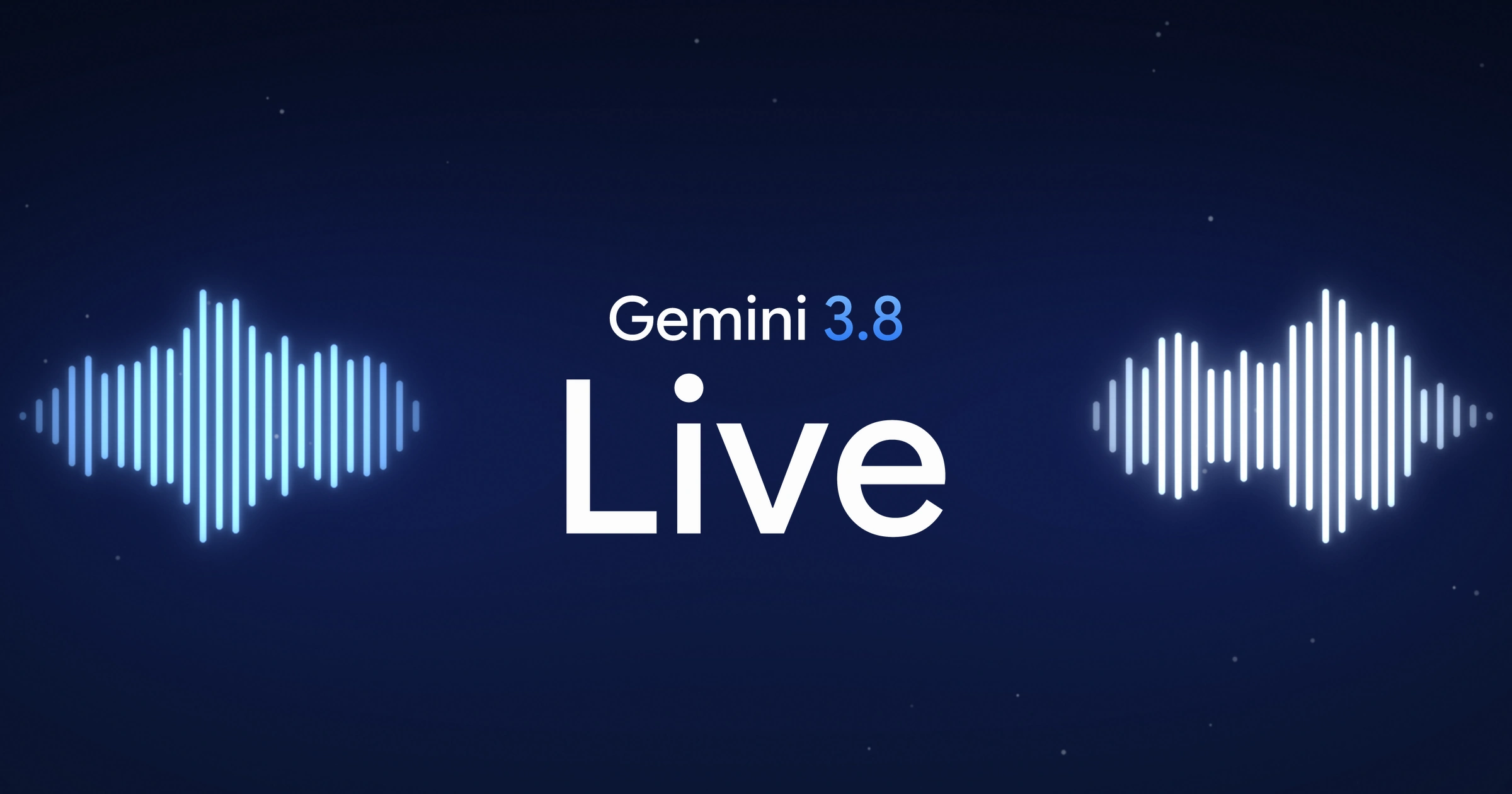Gemini 3.8 Live in white type on navy, between two glowing blue voice level meters