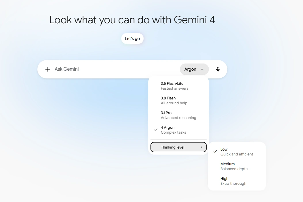 Gemini app model picker with 4 Argon selected and the Thinking level menu open: Low (Quick and efficient) is ticked, with Medium and High below