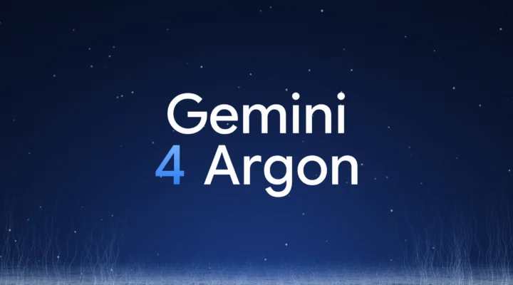 Gemini 4 Argon in white and blue gradient type on a dark navy field, above a band of light along the bottom edge with thin filaments rising at the sides