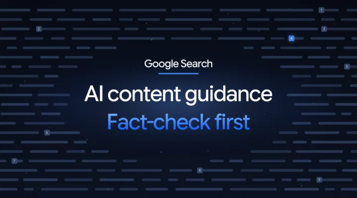 Dark navy cover reading Google Search, AI content guidance, fact-check first, over faint text rows with numbered markers