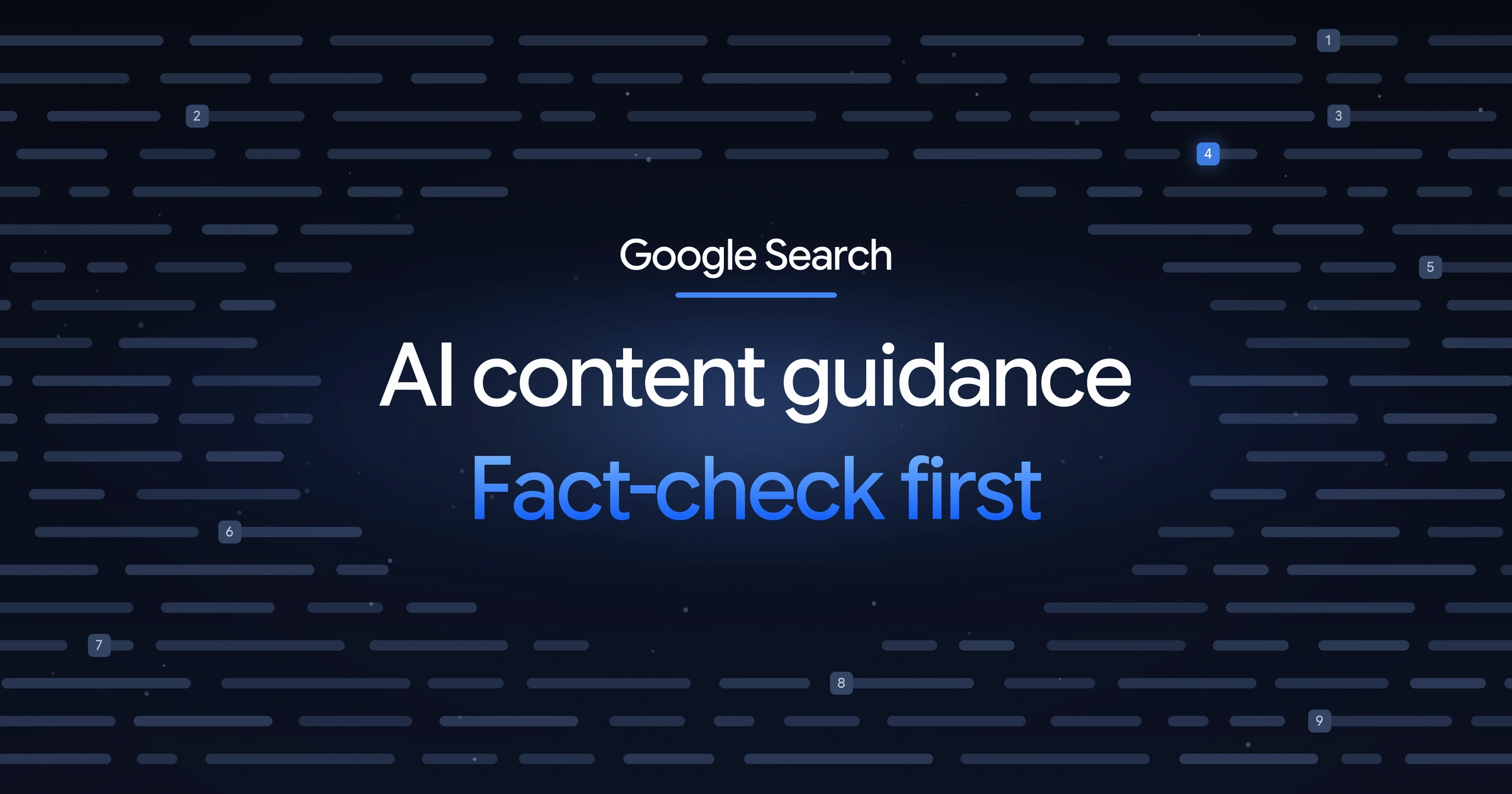 Dark navy cover reading Google Search, AI content guidance, fact-check first, over faint text rows with numbered markers