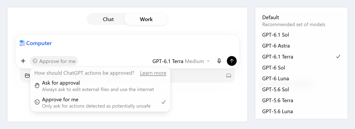 ChatGPT Work for Windows: Computer added, GPT-6.1 Terra at Medium, the approval menu open, and the model list
