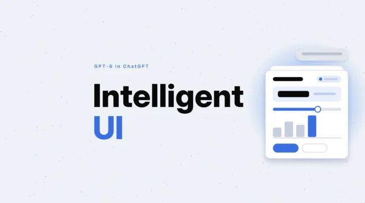 Intelligent UI in black and blue under GPT-6 in ChatGPT, beside a prompt bubble and an answer card with a slider and chart.