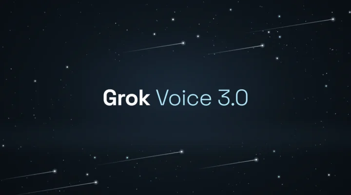 Grok Voice 3.0 wordmark in white and pale blue on a dark starry sky crossed by shooting stars