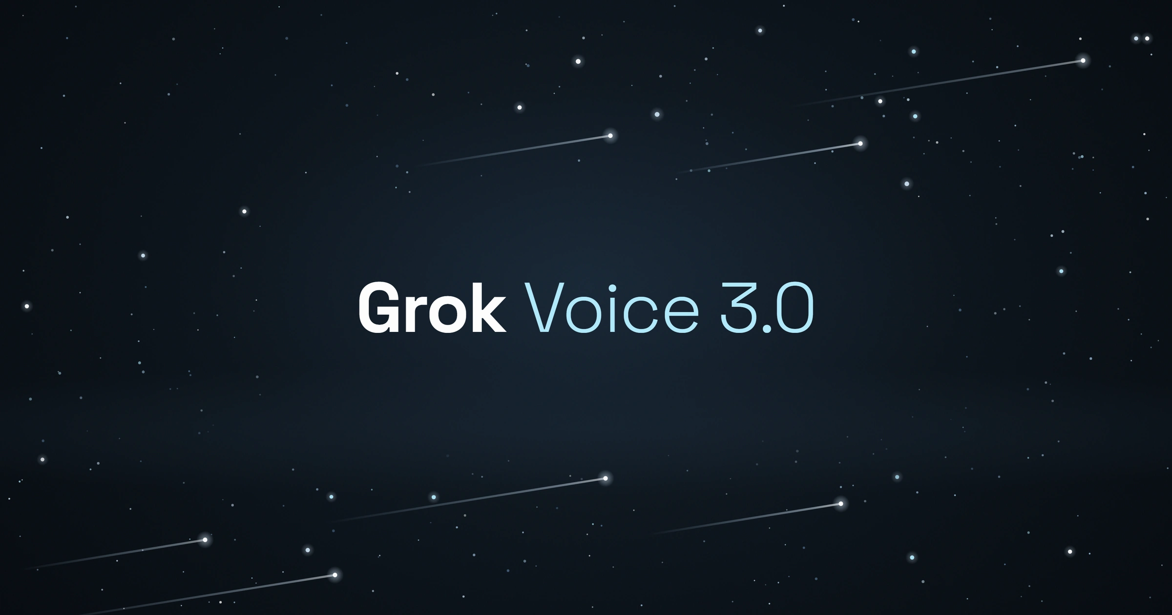 Grok Voice 3.0 wordmark in white and pale blue on a dark starry sky crossed by shooting stars