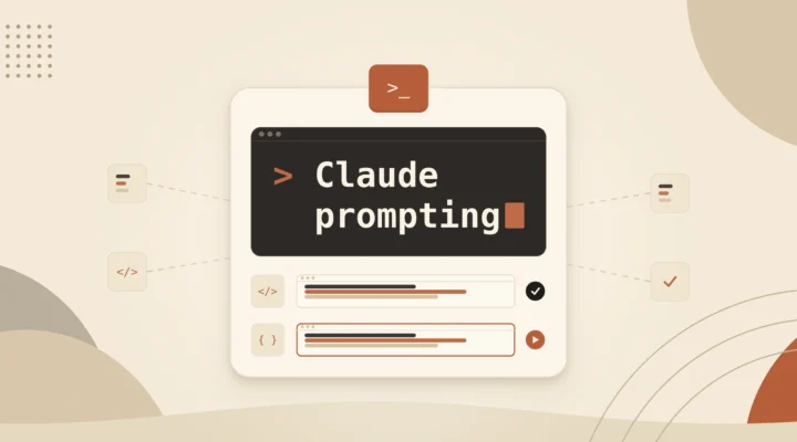 Cream card with Claude prompting typed at a dark terminal prompt and two task rows running below