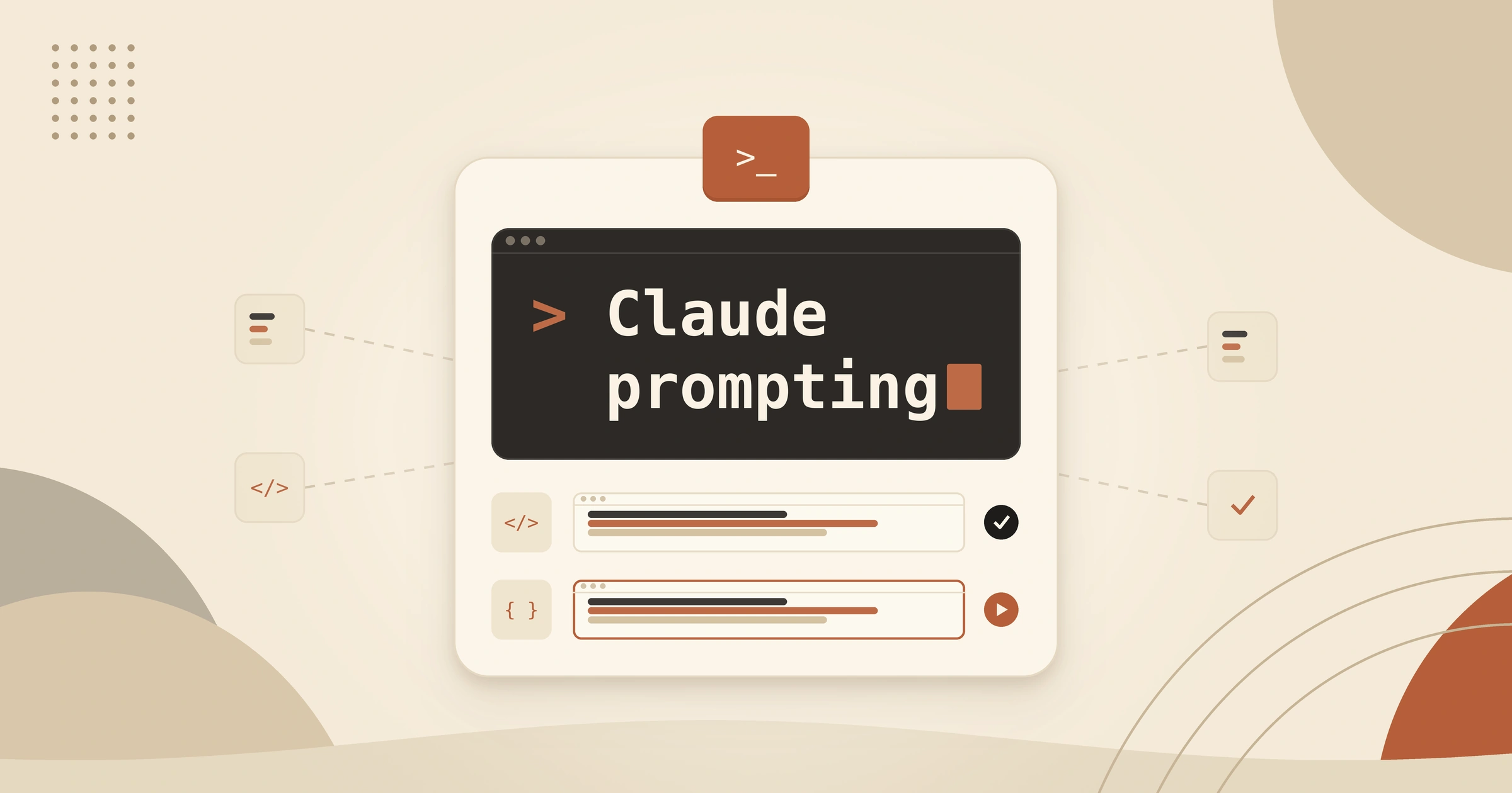 Cream card with Claude prompting typed at a dark terminal prompt and two task rows running below