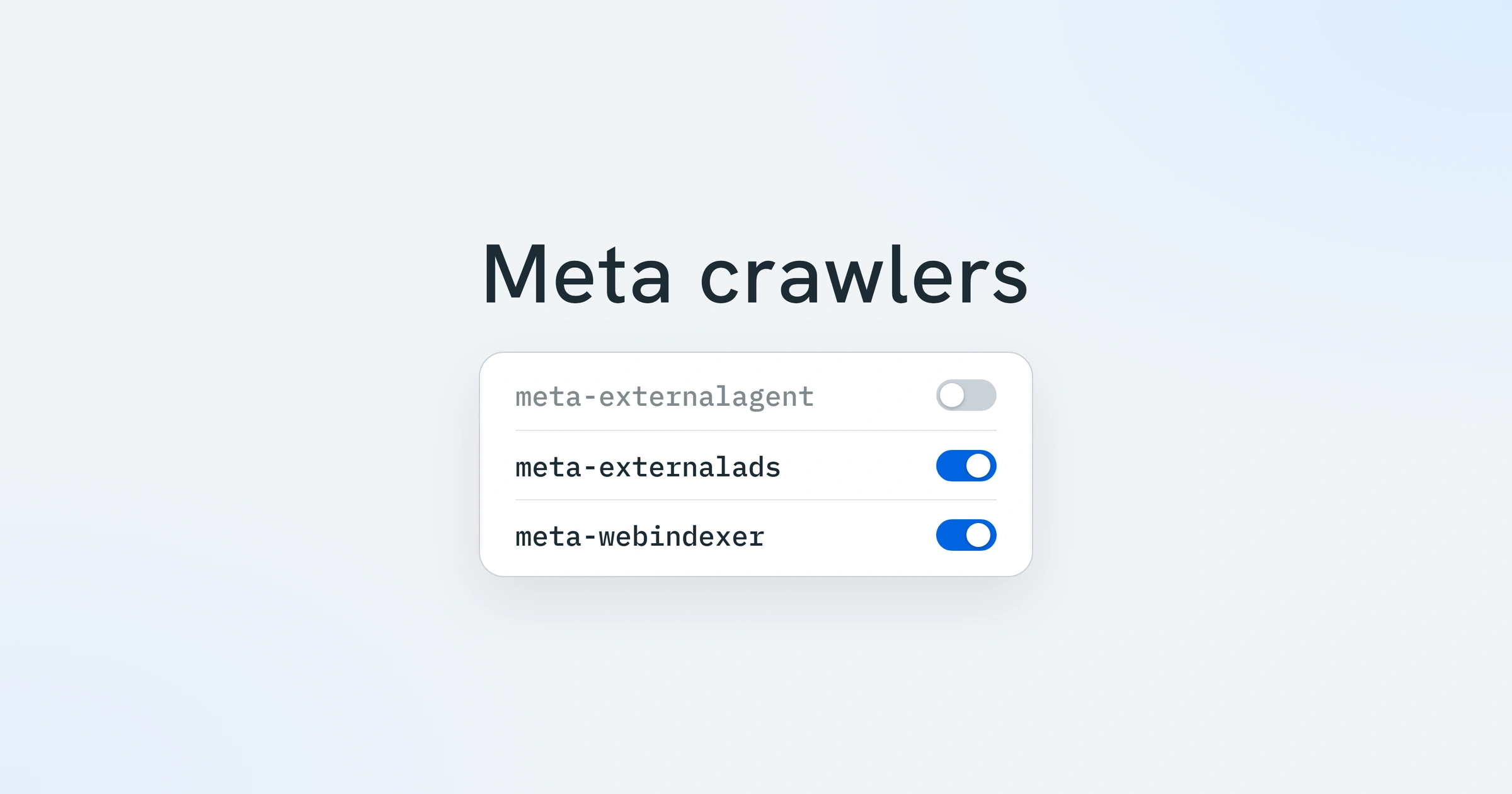 Settings card headed Meta crawlers: the AI training crawler switched off, the ads and search crawlers on.