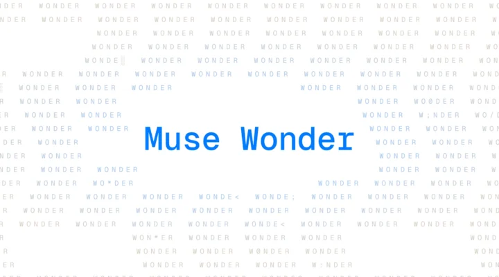 Muse Wonder in blue monospace on white, ringed by swaying rows of the word Wonder that turn pale blue near the name.