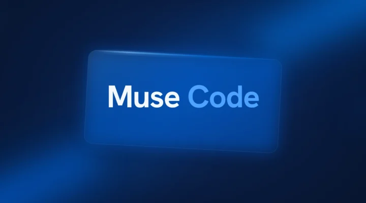 Muse Code in white and light blue type on a tilted glass panel over a dark blue background