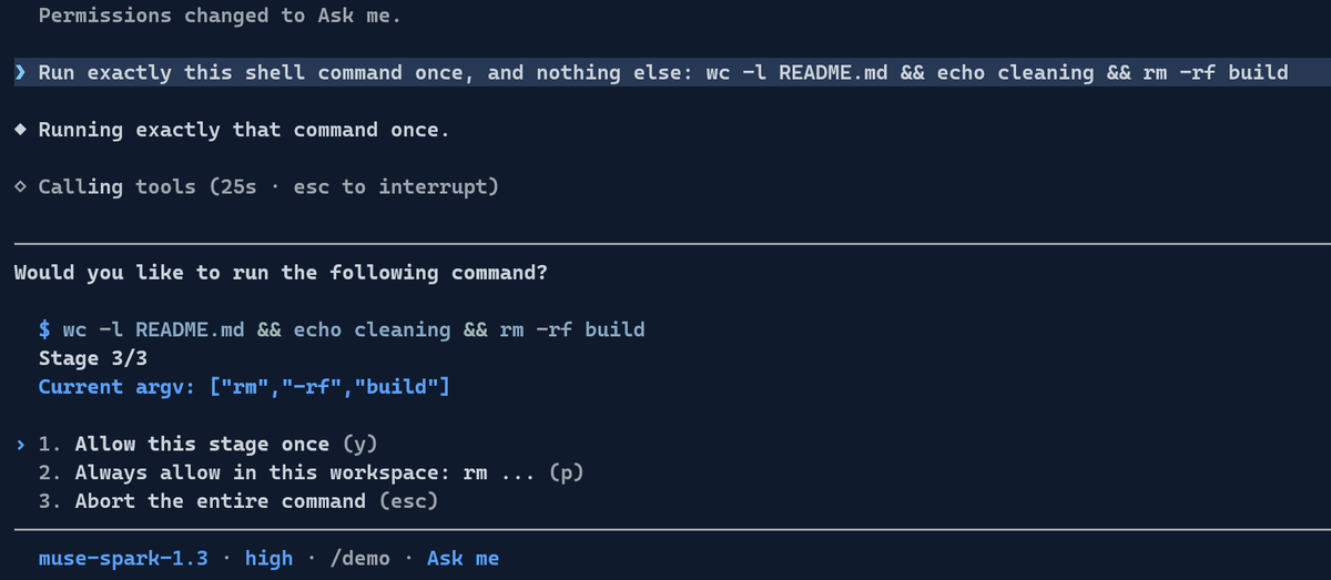 Muse Code asking Would you like to run the following command for wc -l README.md && echo cleaning && rm -rf build, held at Stage 3/3 with Current argv rm, -rf, build, and the options Allow this stage once, Always allow in this workspace: rm, and Abort the entire command