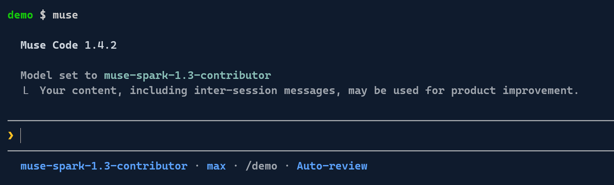 Muse Code 1.4.2 in an Ubuntu terminal under WSL showing Model set to muse-spark-1.3-contributor, the notice Your content, including inter-session messages, may be used for product improvement, and the status line muse-spark-1.3-contributor, max, demo, Auto-review