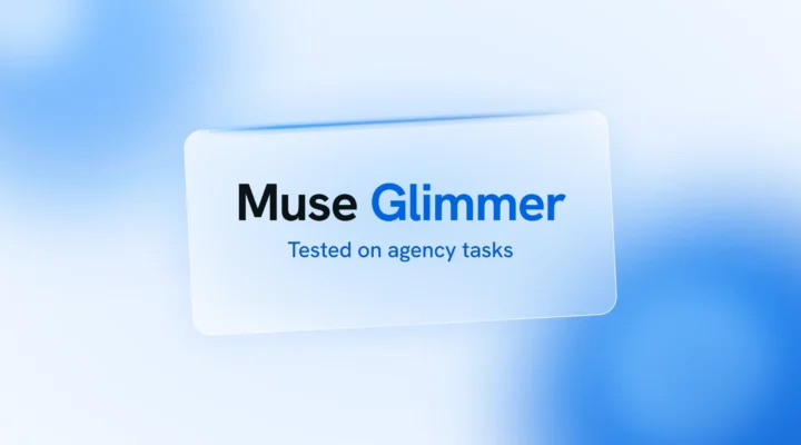 Cover reading Muse Glimmer, tested on agency tasks, on a pale blue background with soft blue spheres