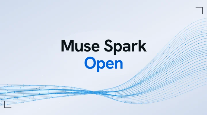 Cover reading Muse Spark, with Open in blue beneath, over a ribbon of thin blue flow lines on a pale blue-grey ground.