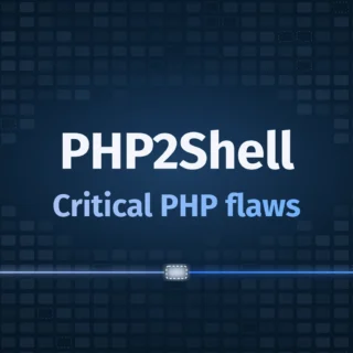 Square cover reading PHP2Shell, Critical PHP flaws, two blue lines meeting at a dashed memory cell below