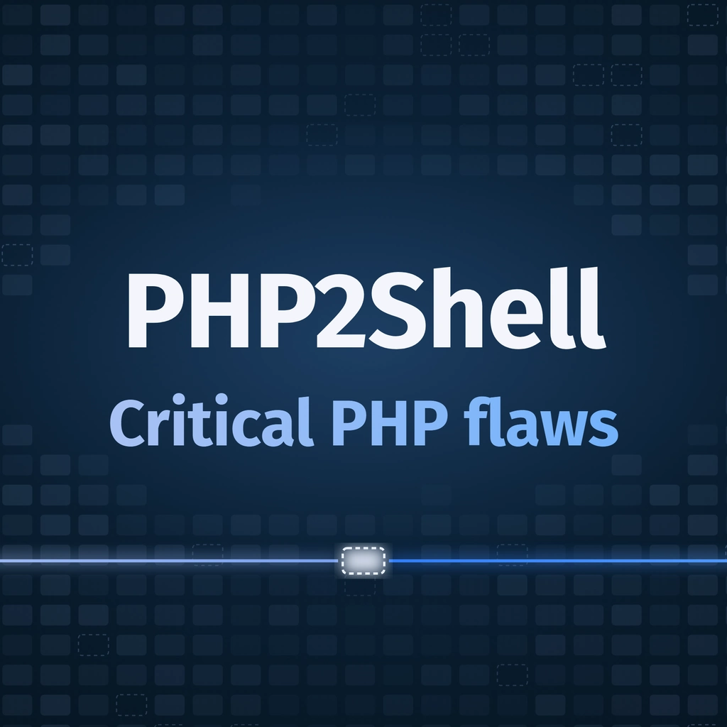 Square cover reading PHP2Shell, Critical PHP flaws, two blue lines meeting at a dashed memory cell below