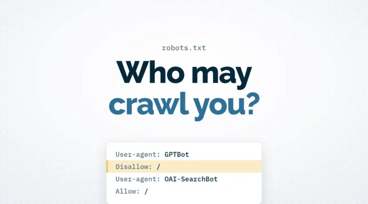 Who may crawl you? in navy on a pale ground, above a robots.txt card that disallows GPTBot